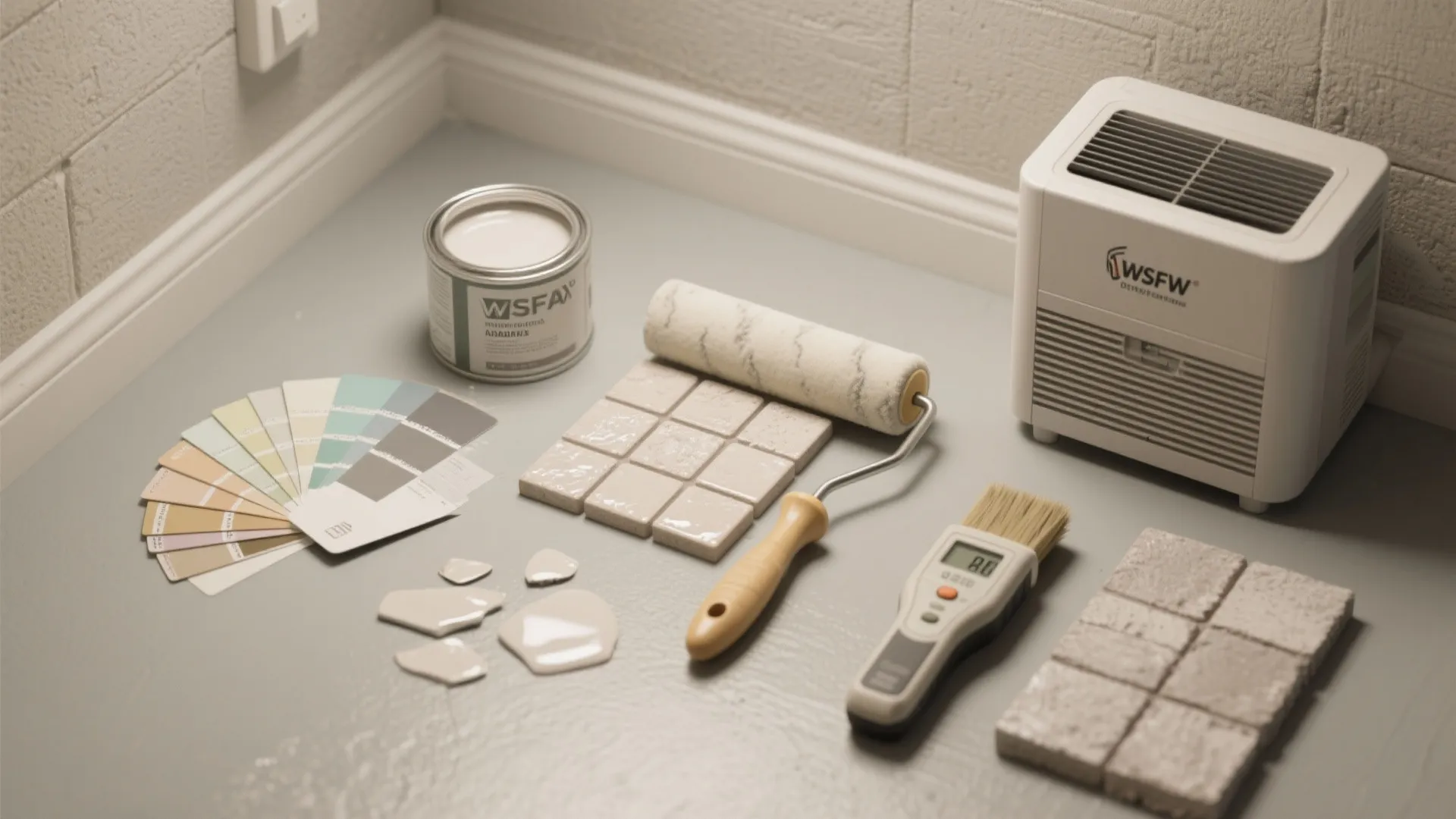 Various home improvement tools including paint can color swatches paint roller and floor stone tiles
