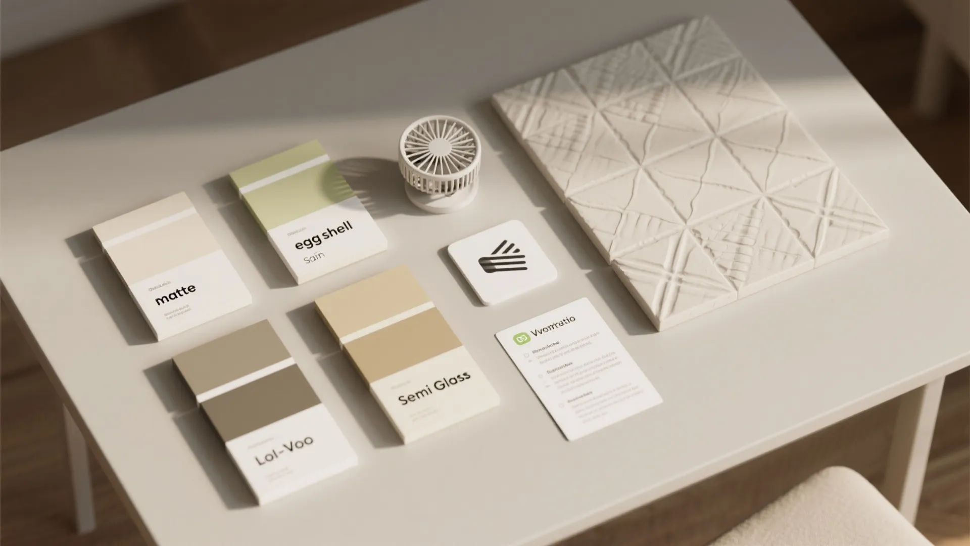 Selection of paint color material swatches with matte and egg shell finishes on a table