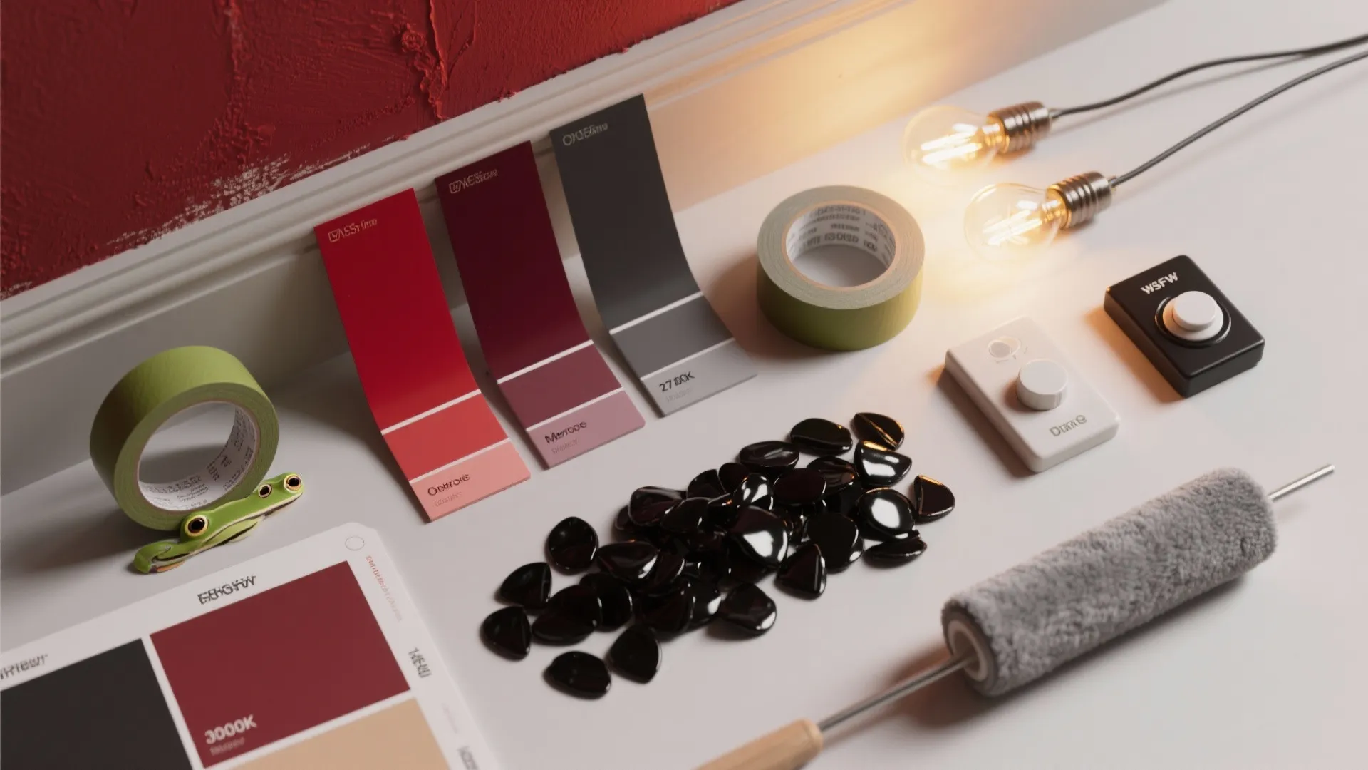 Interior paint color samples with green tape light bulbs and paint roller on white surface