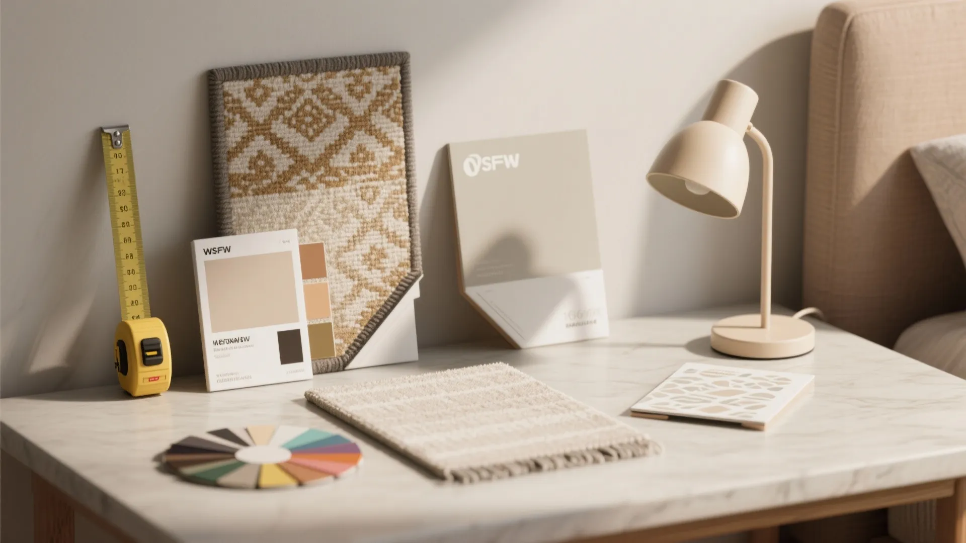 Close-up of paint swatches, measuring tape, rug sample, and removable wallpaper for small living room planning.