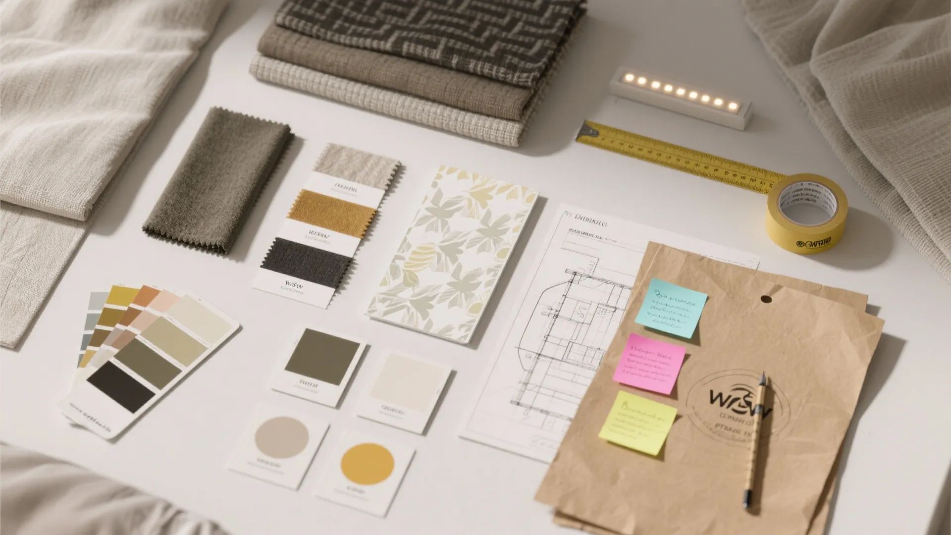 Interior design mood board with fabric swatches color samples floor plan drawings and measuring tape
