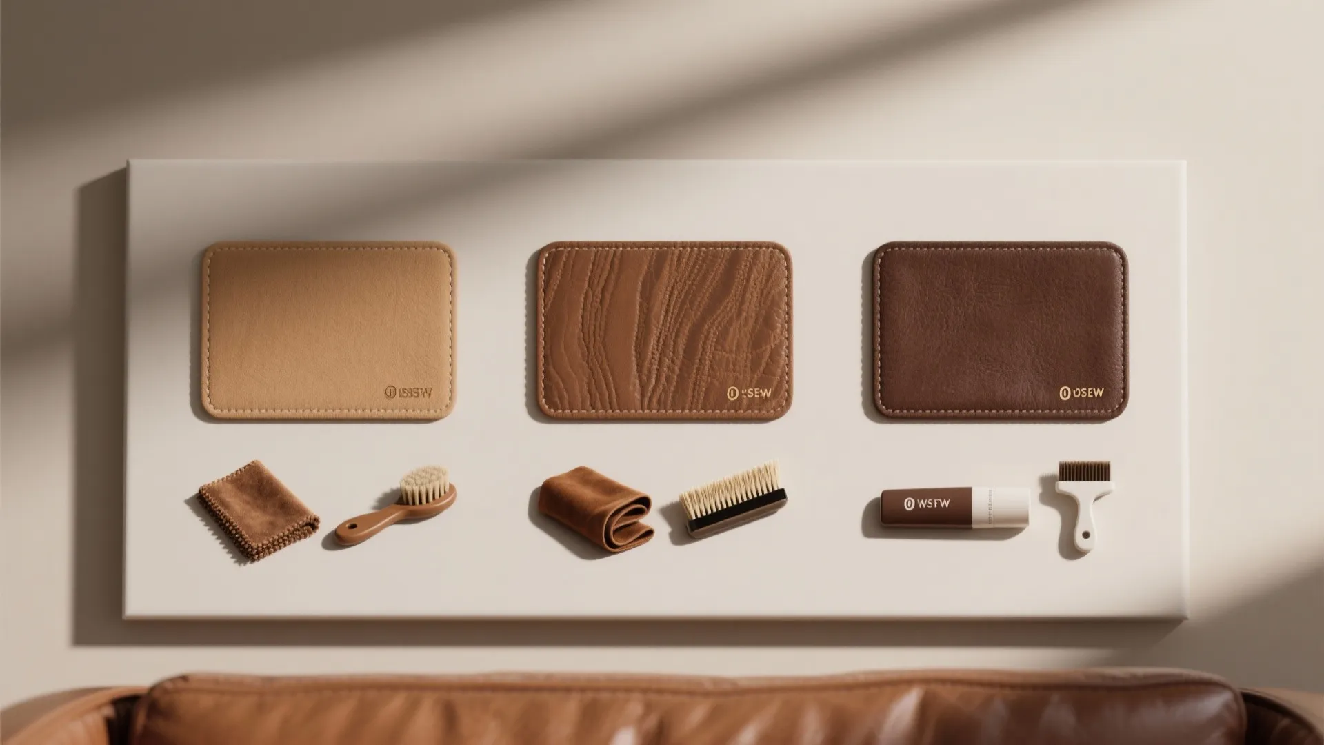 Color swatches of camel, walnut, and chocolate with maintenance tool icons.