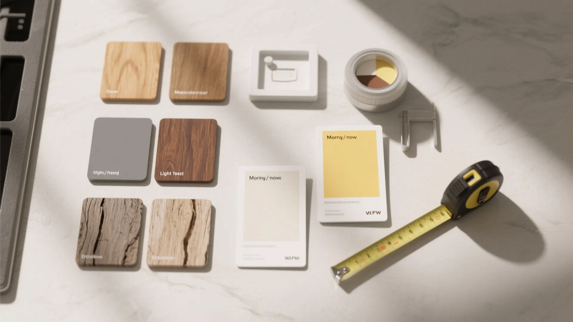 Flatlay of paint chips, wood sample cards and lighting test cards for choosing cabinet colors.