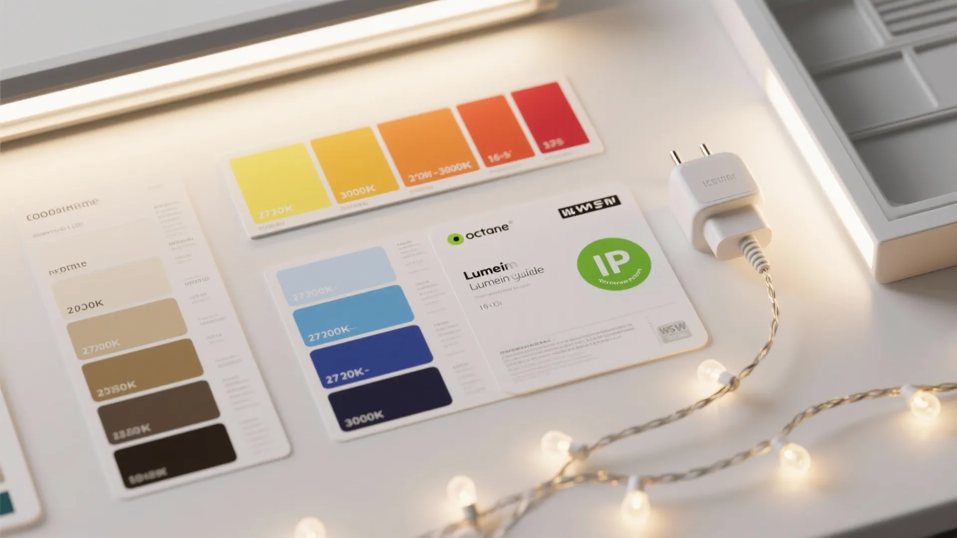 Color temperature guide showing warm yellow and cool blue light samples on a white table