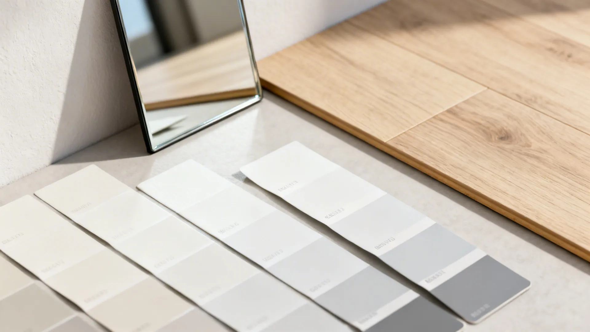 Paint chips, mirror and light wood swatch illustrating colors and flooring tips for small rooms
