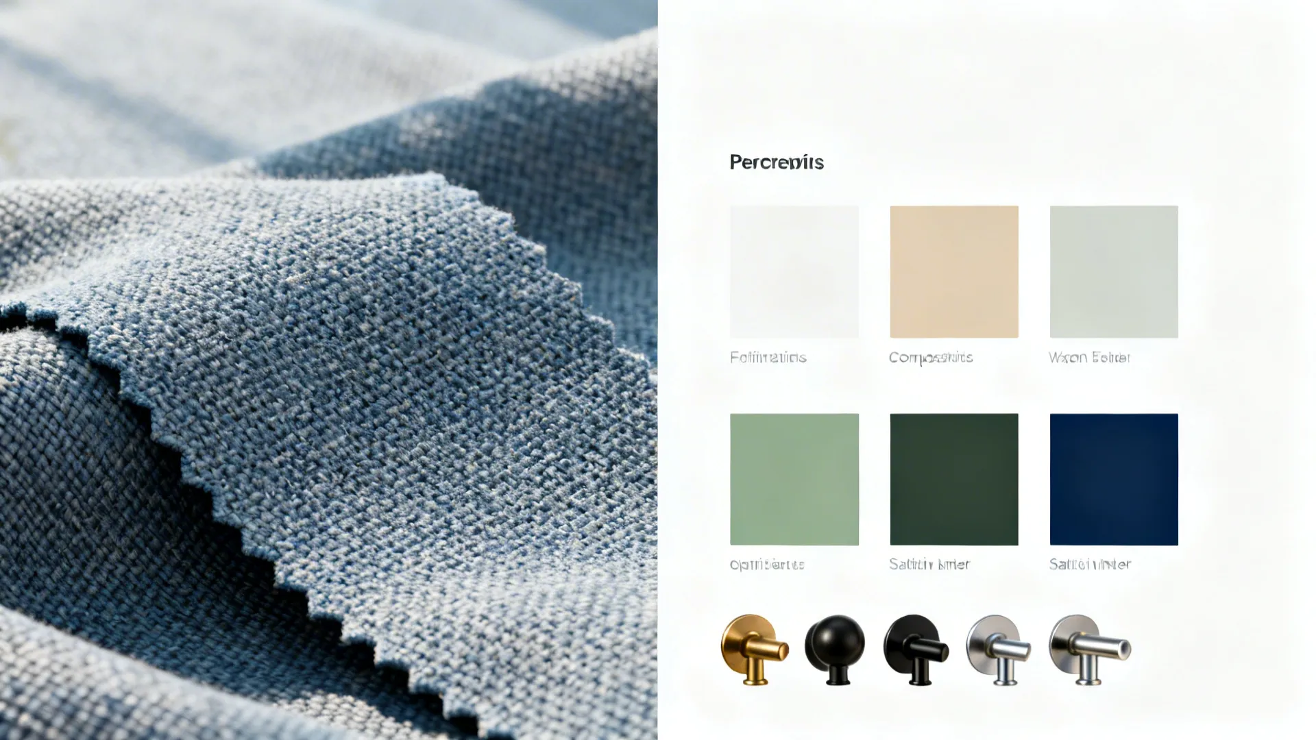 Swatches of blue-grey fabrics and complementary paint chips and hardware finishes.