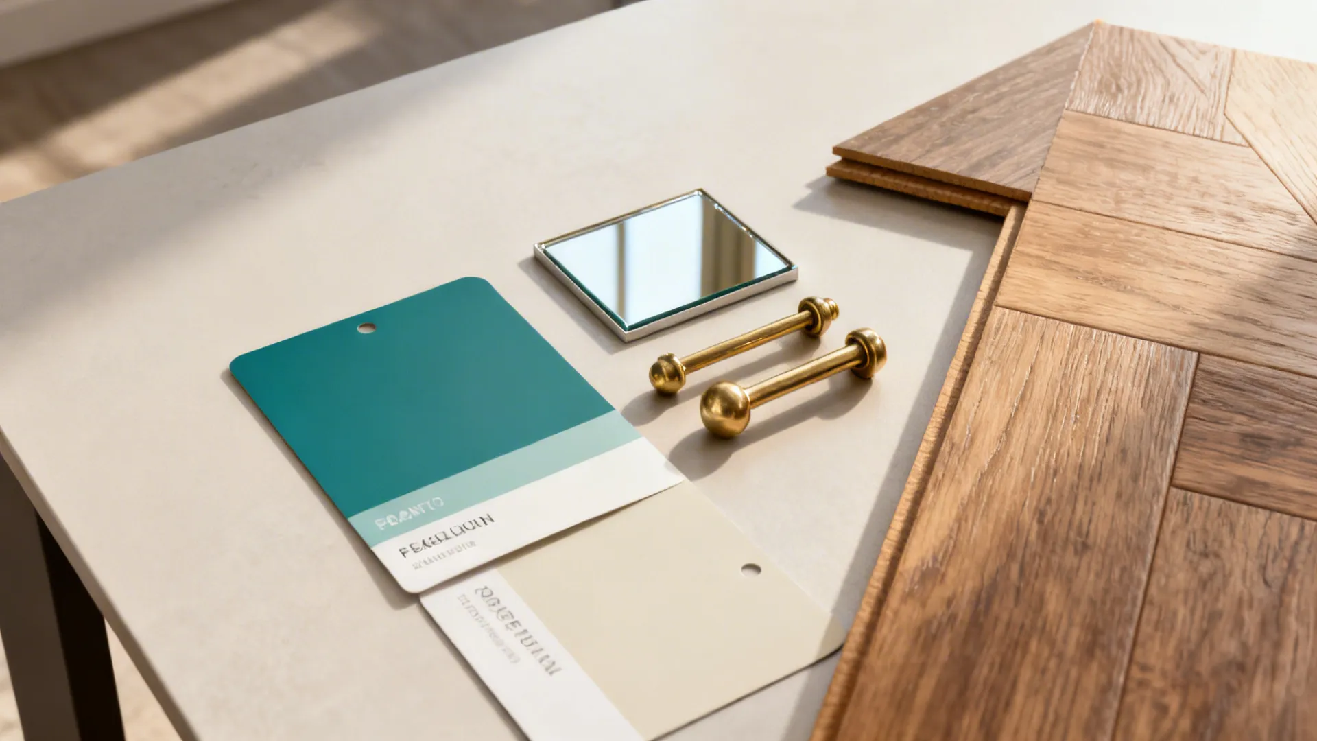 Interior design materials including color swatches mirror gold handles and wood floor panels on table