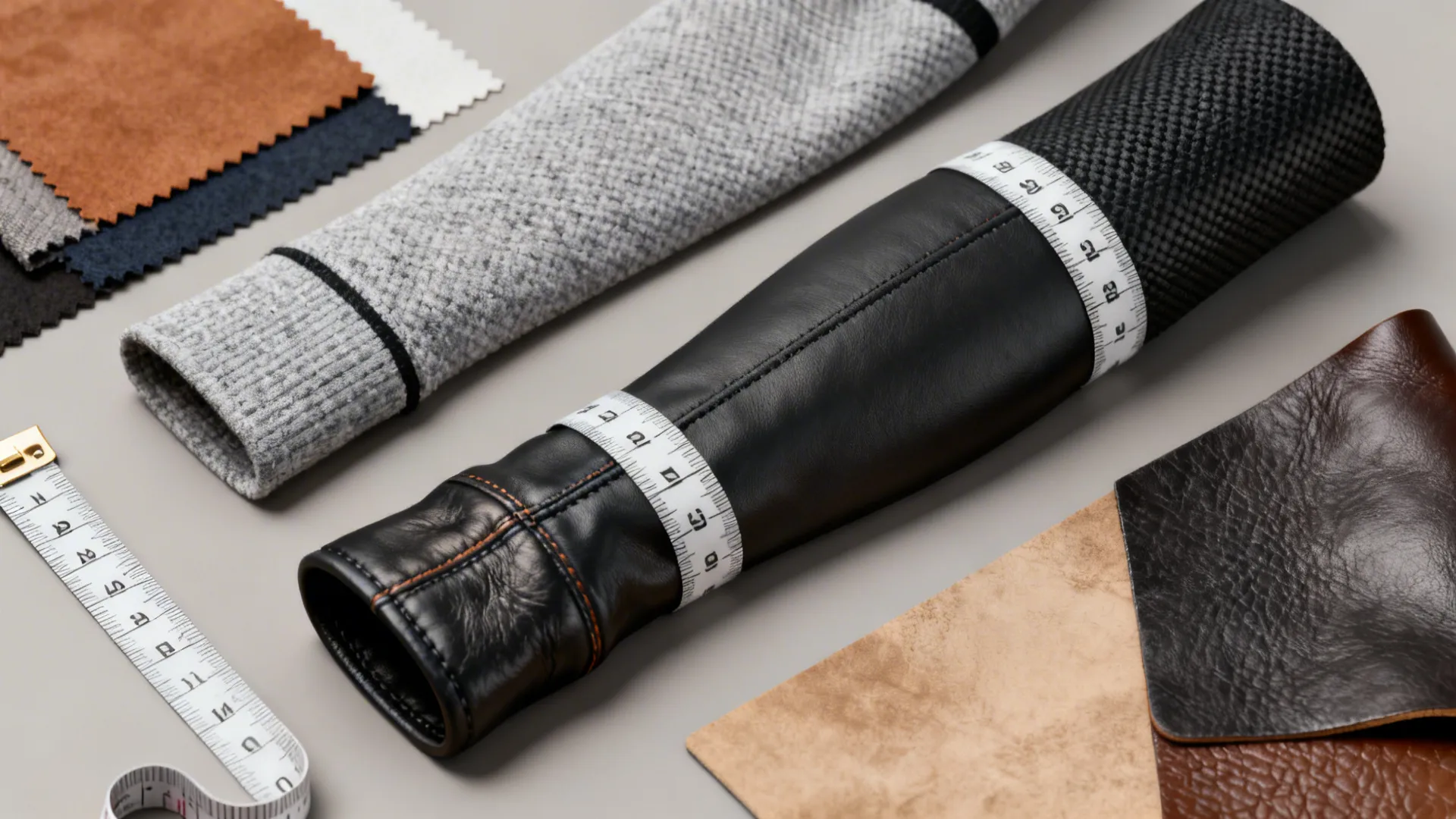 Fabric swatches, sample arm width and measuring tape illustrating FAQ guidelines for armchairs