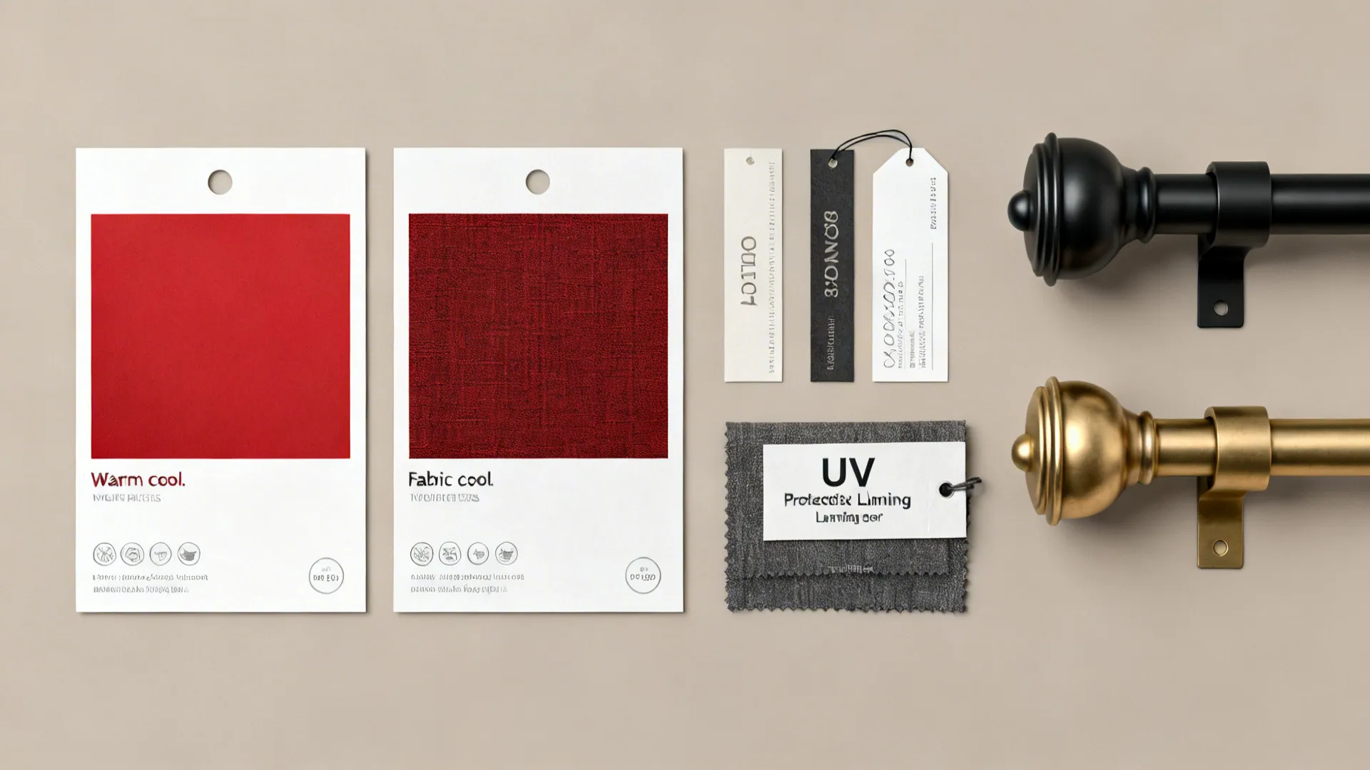 Fabric swatches, lining labels and rod finishes illustrating FAQs about curtain choices