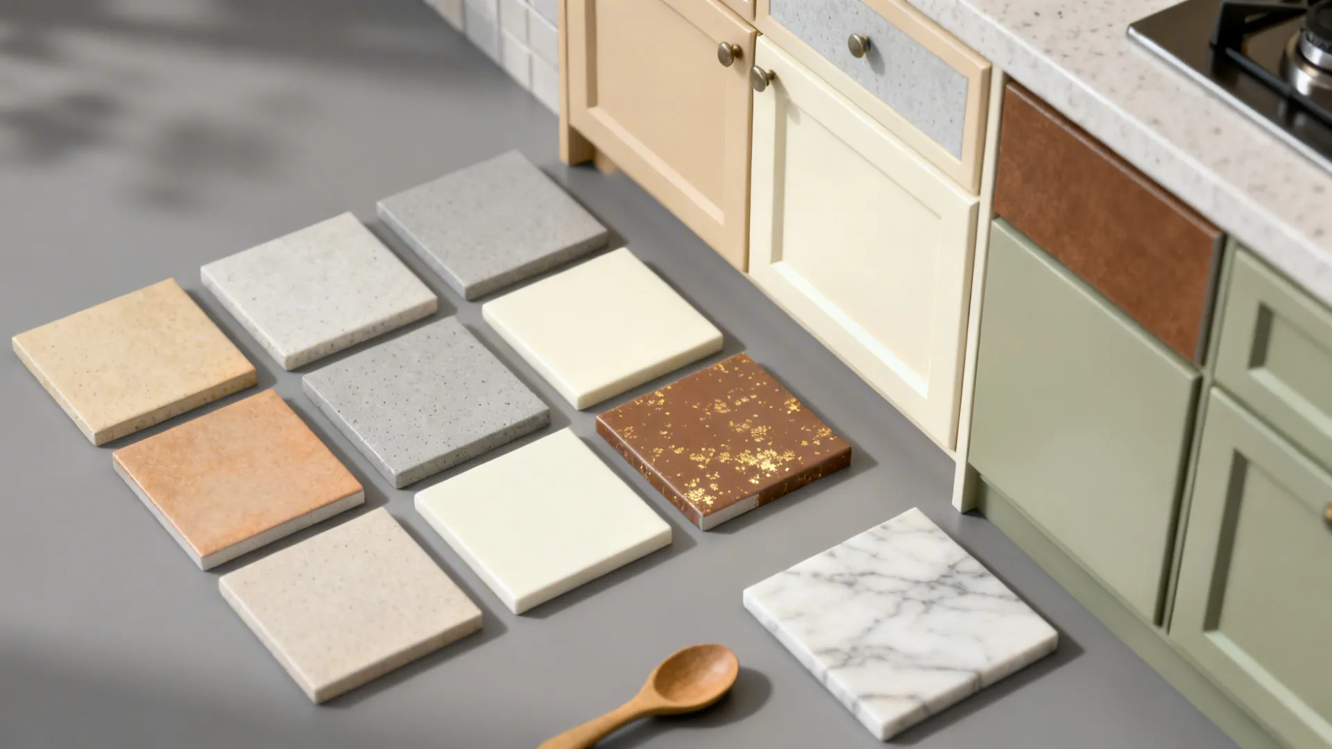 Multiple square stone tile samples arranged on floor next to colorful kitchen cabinets and spoon