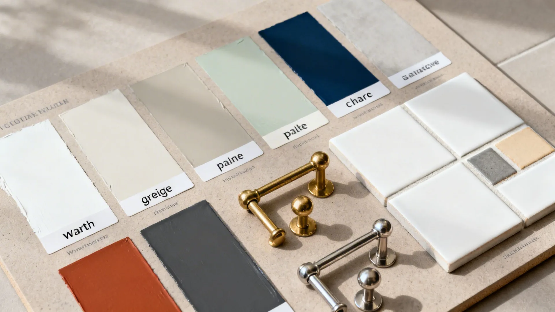 Selection of interior design material swatches including paint colors white tiles and gold metal handles