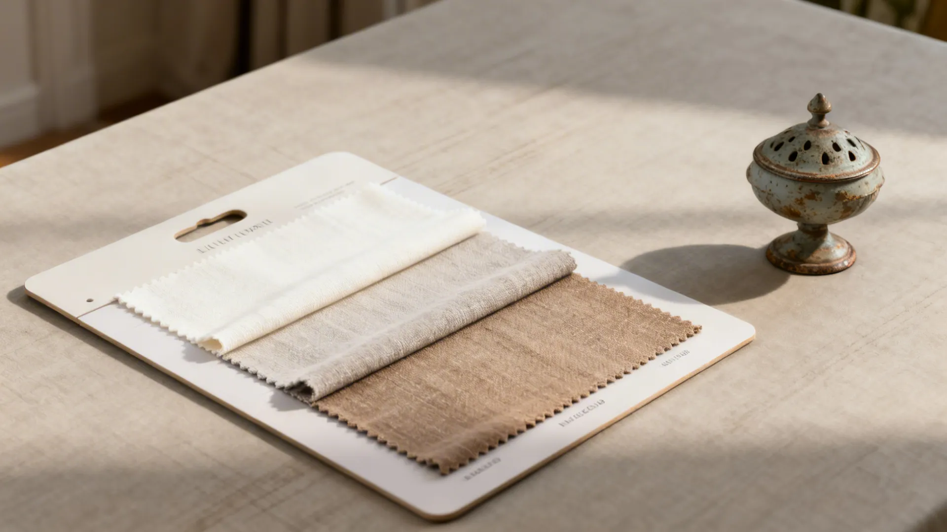 Color and fabric swatches showing warm whites, greiges and slipcover materials with a vintage accent piece.