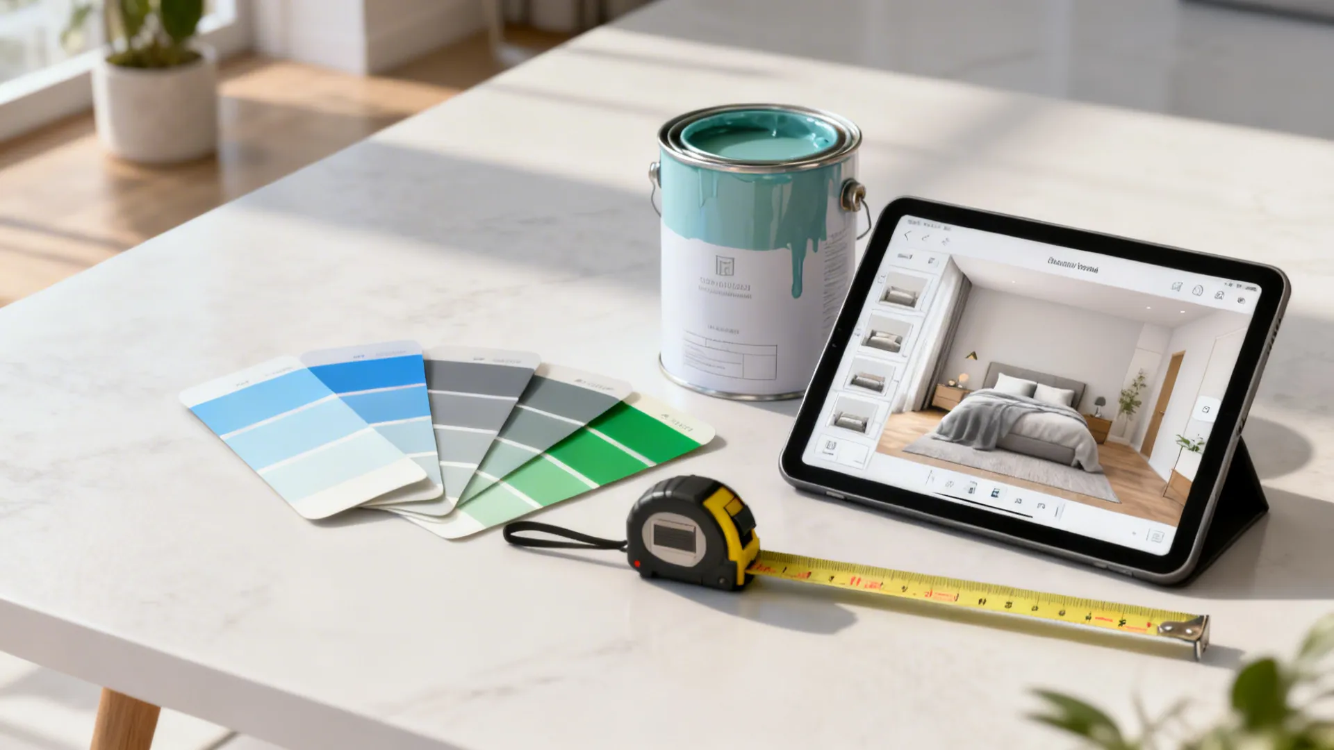 Color swatches, paint can and room planner tablet for choosing accent wall colors