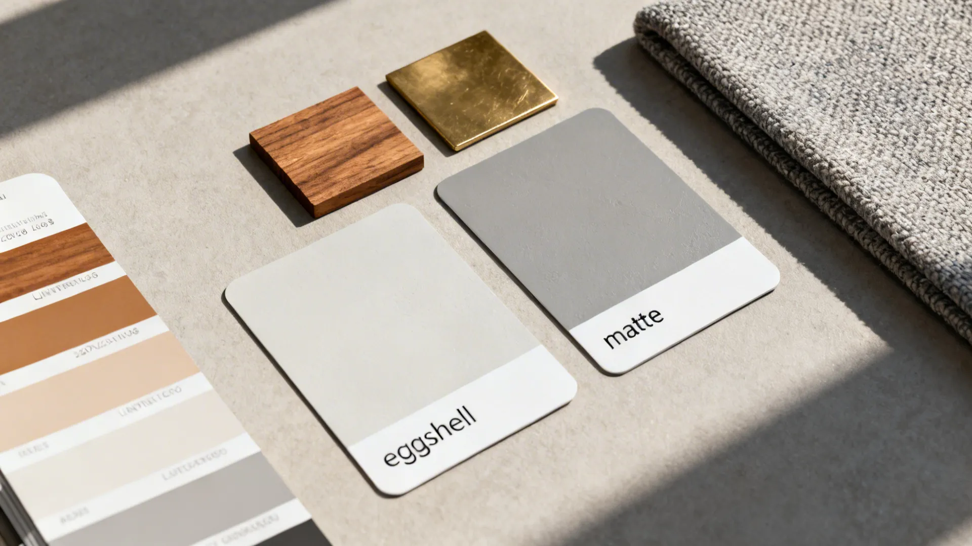 Flatlay of undertone guide cards, material samples and finish swatches for gray and white choices.