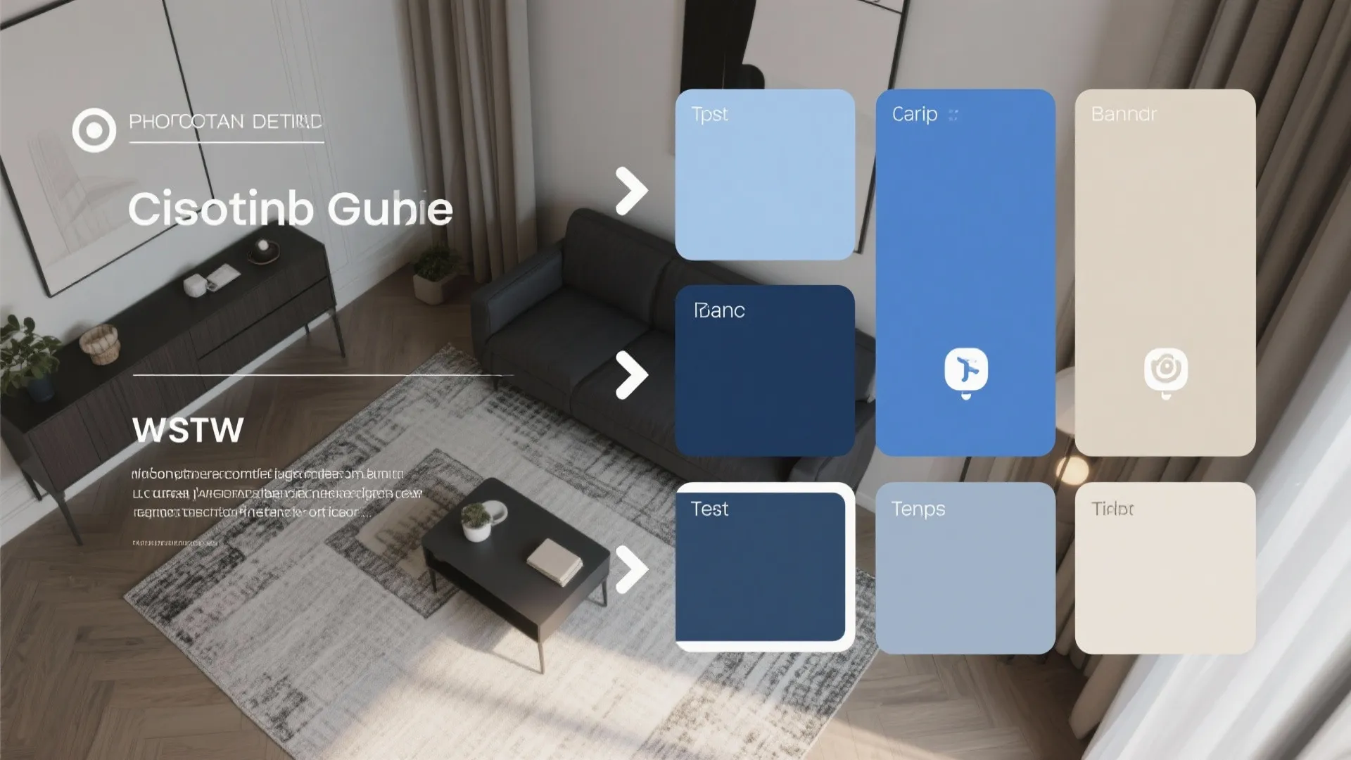 Swatches and visual tips showing blue and beige combinations with practical layout advice