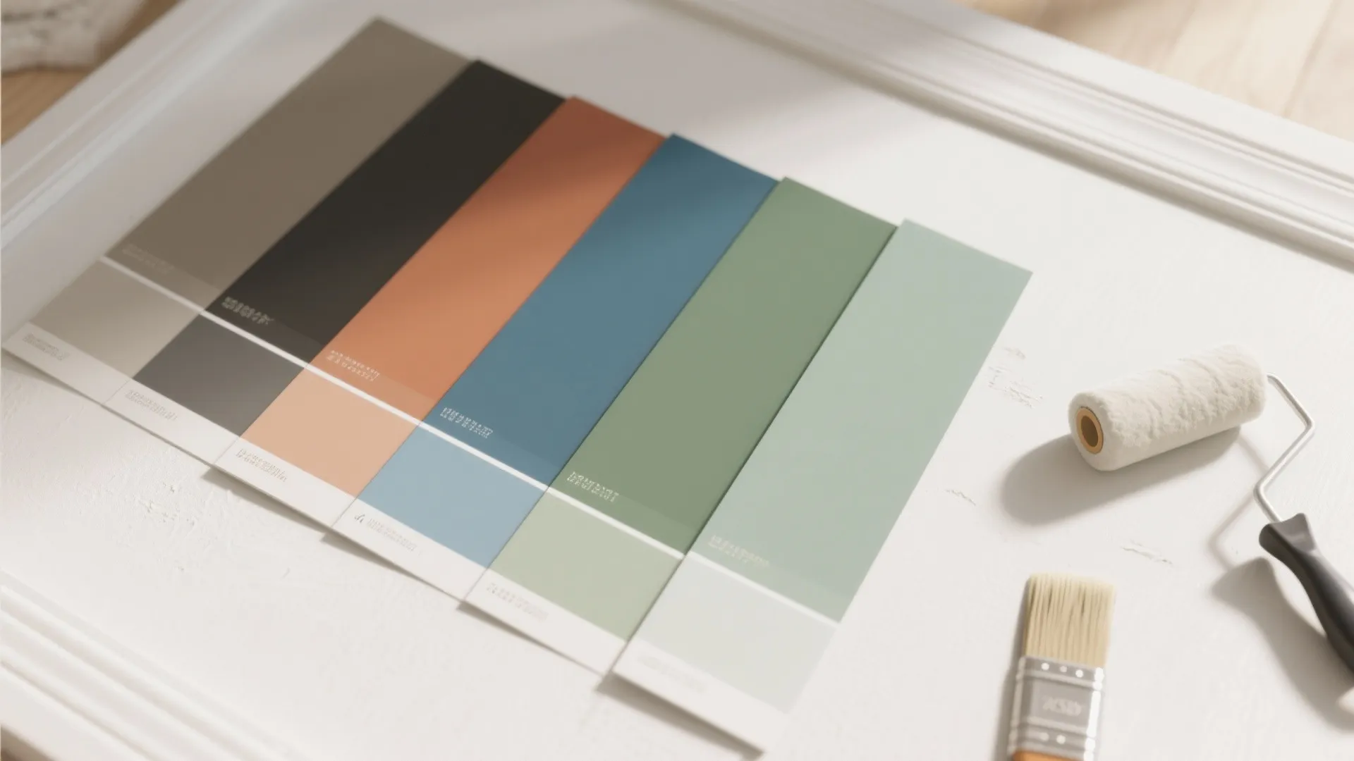 Colorful paint color cards on white surface with a paint roller and a small brush