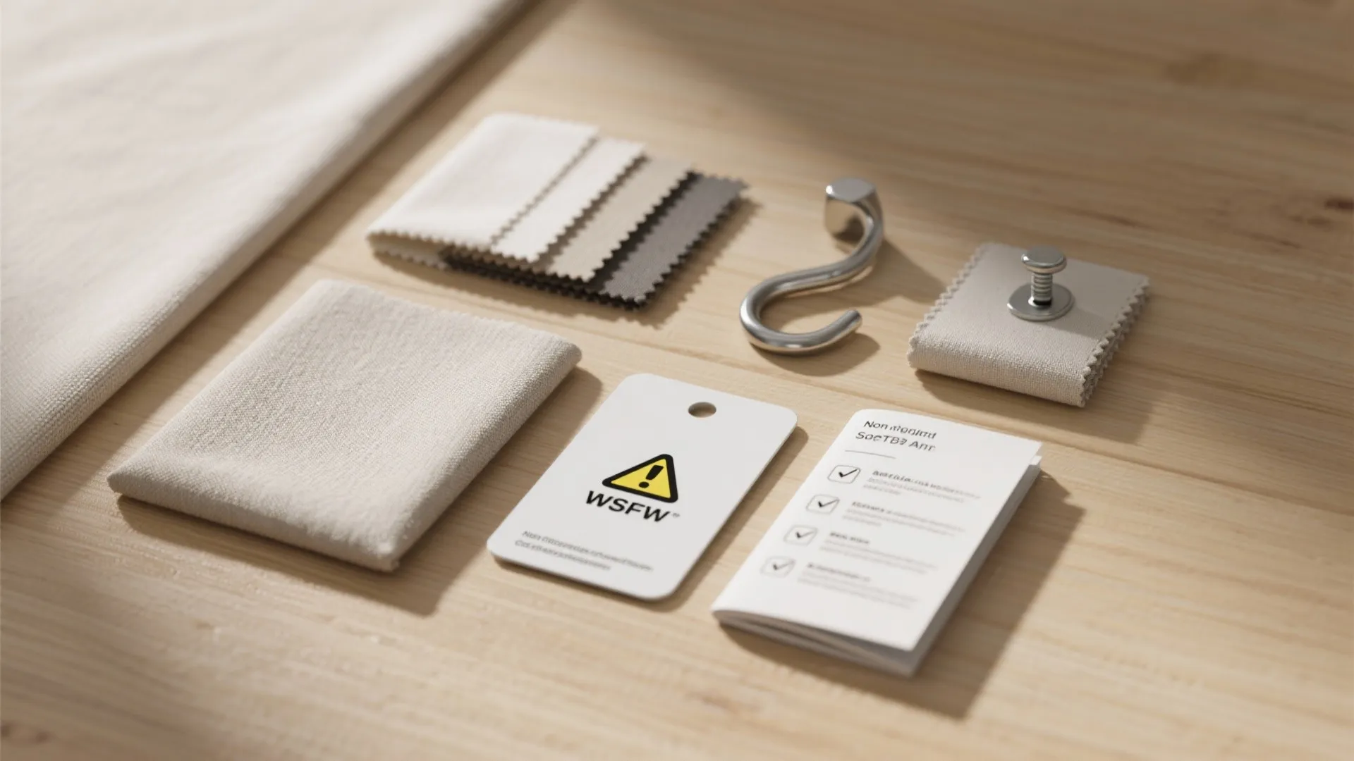 Fabric color swatches and metal hook hardware arranged neatly on a light wood surface tabletop