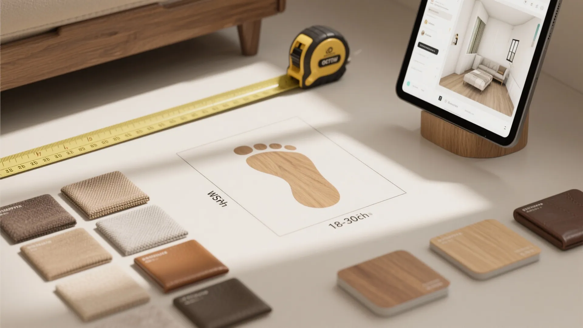 Top-down flatlay of measuring tape, footprint tape, fabric swatches and a tablet showing a 3D planner for testing swivel clearance.