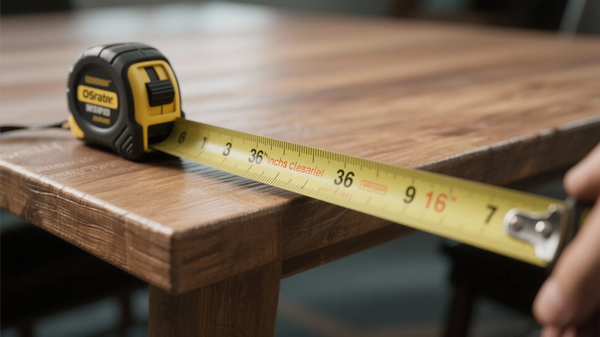 Yellow measuring tape tool being used to check the dimensions of a solid wood dining table