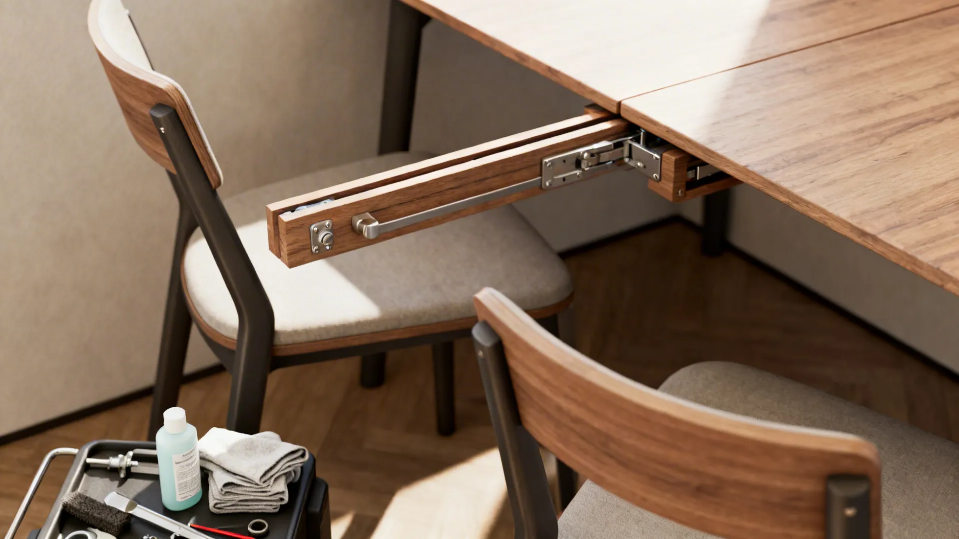 Close-up of extendable table seam and hardware with maintenance items, illustrating FAQ topics
