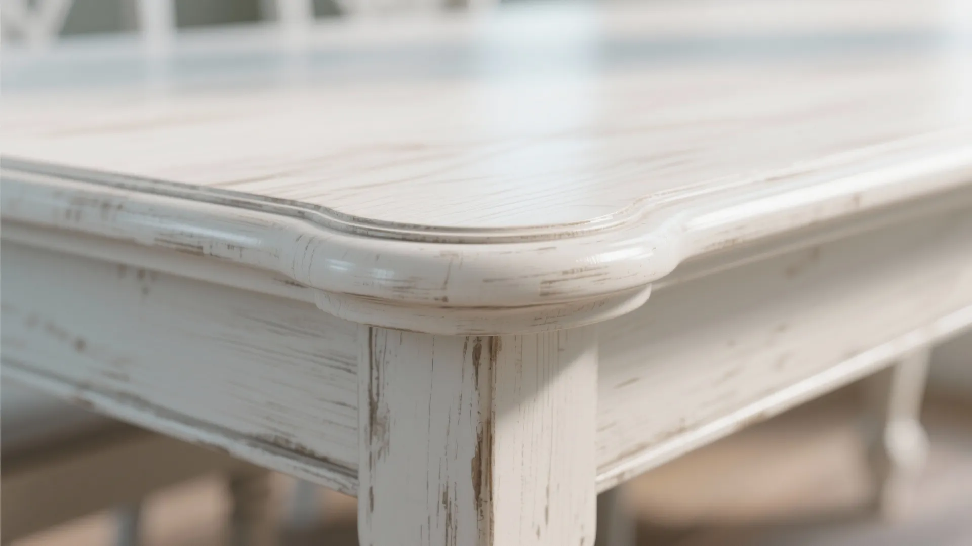 Close up view of a white vintage wooden table corner with distressed paint and texture