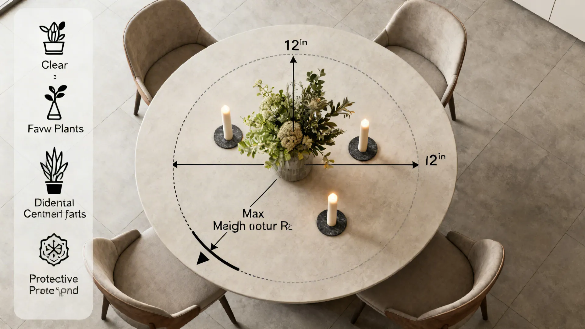 Top-down guide showing recommended centerpiece size and height for a round table with icons for plant and candle care.