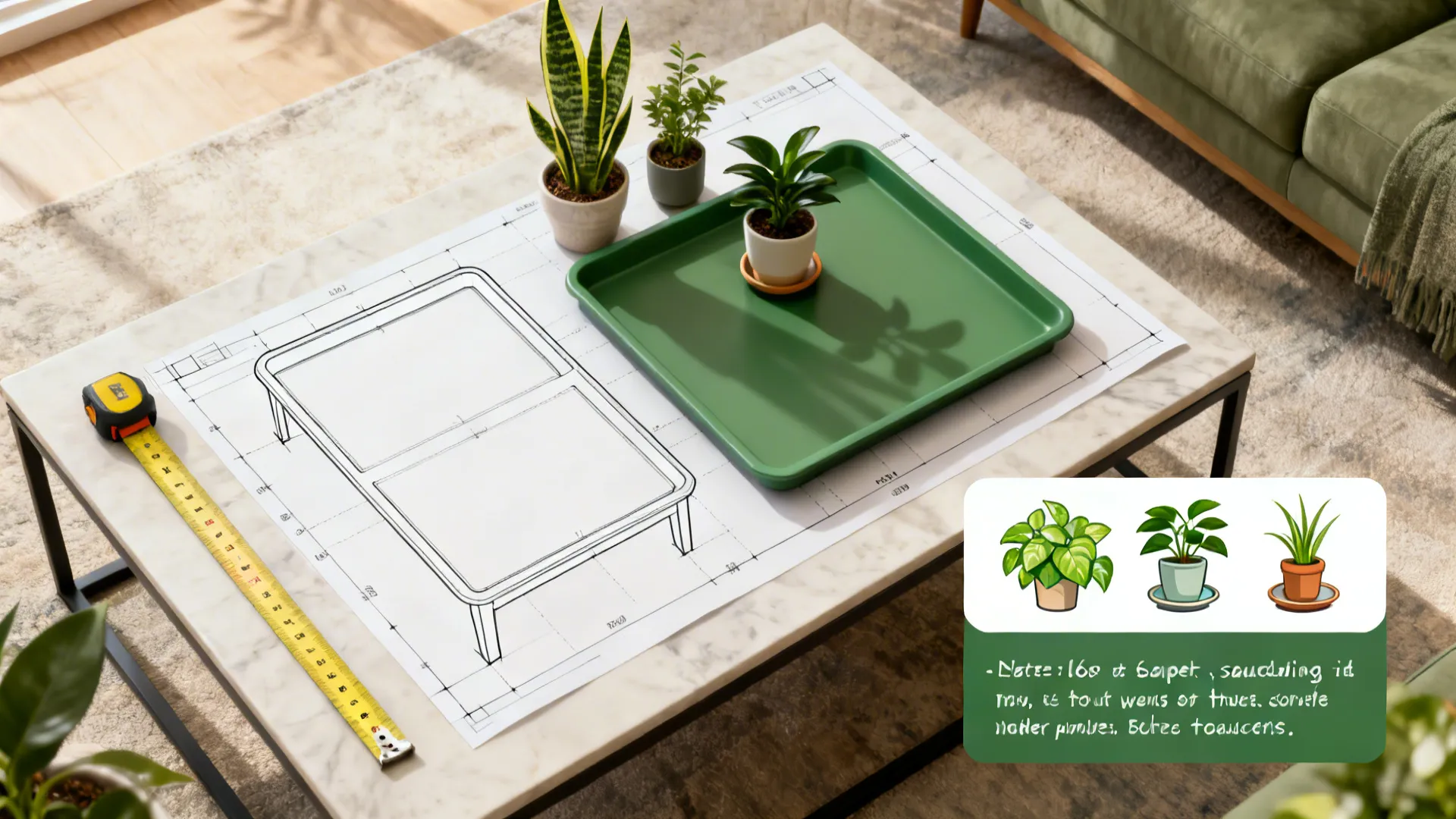Top-down layout showing measuring tape, table outlines, plant icons, and saucer note for plant care.