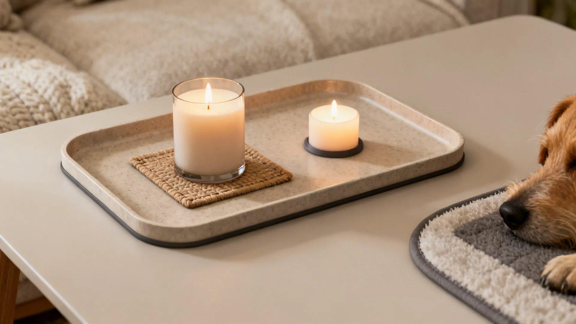 Two lit white candles sitting on a tray placed on a clean white coffee table