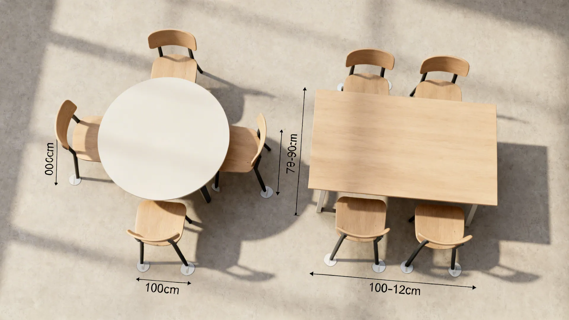Top-down view comparing a 100 cm round and a compact rectangular table with realistic chair spacing.
