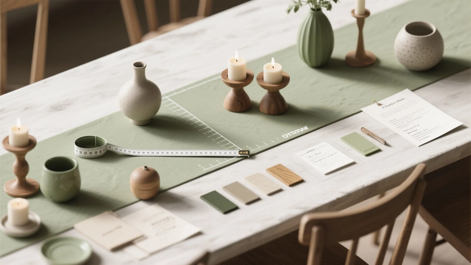 Top-down moodboard flatlay of tablescape tools and samples showing scale tips and material swatches for centerpieces.