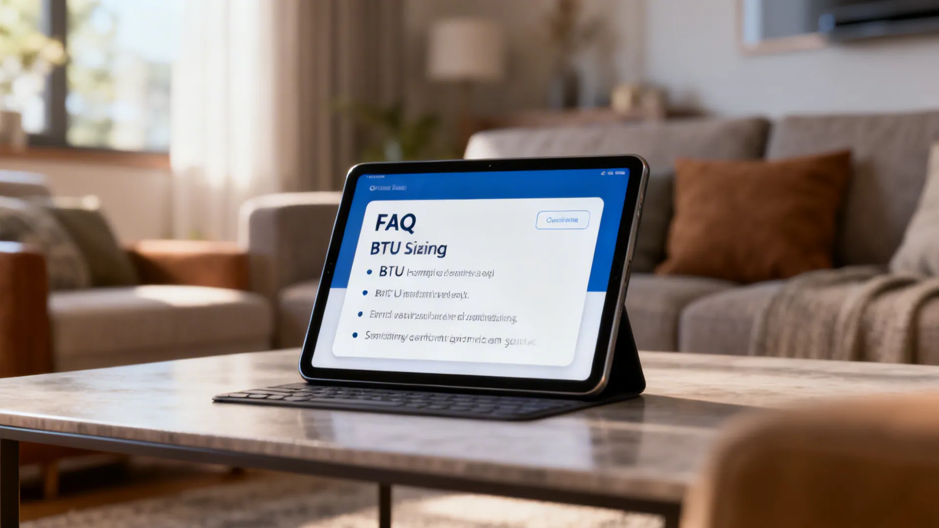 Tablet on coffee table displaying BTU sizing FAQ with a living room background.