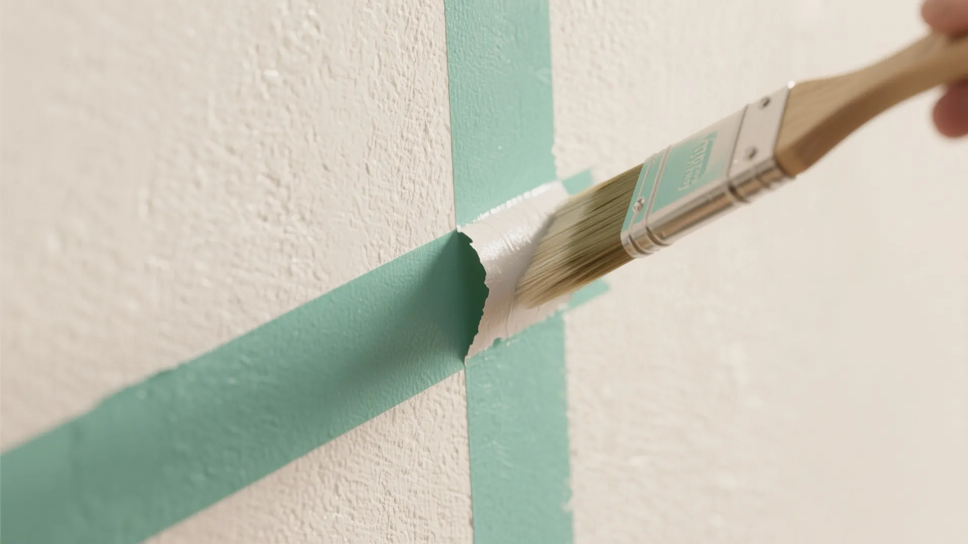 Close up view of a hand using a small brush to paint over green tape