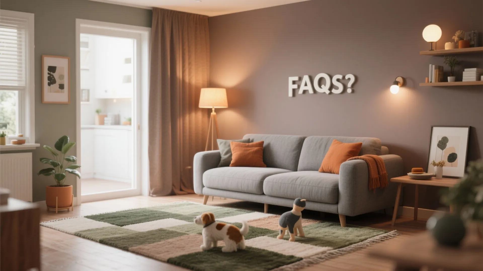 Grey sofa with orange pillows on green patterned rug in a room with FAQ text