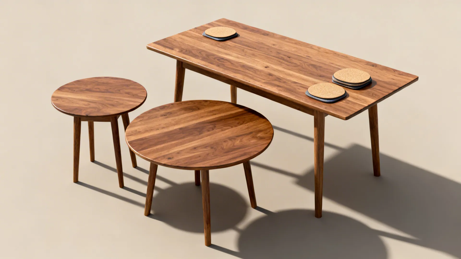 One rectangular wooden table and two round side tables on a plain neutral studio background