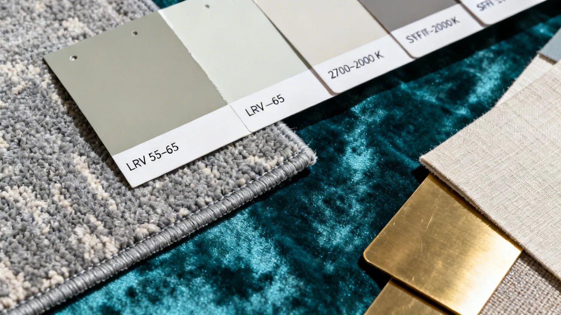 Close-up of greige paint chips, grey rug, teal fabric swatches, and brass finishes under warm light.