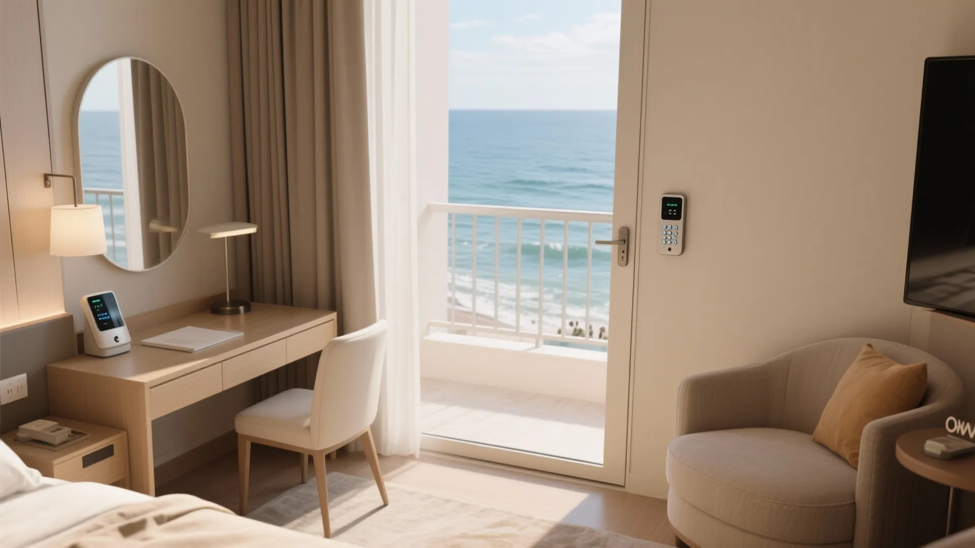 Corner of suite showing a compact work nook, smart lock keypad, and view to the balcony