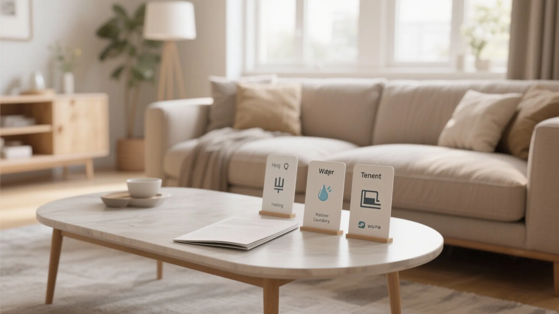 Living room with sofa, coffee table, and small signs showing water, heating, and tenant information