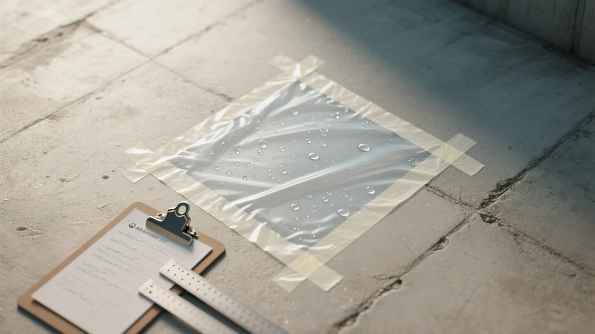 Plastic sheet taped to concrete floor showing water drops for moisture test with clipboard nearby