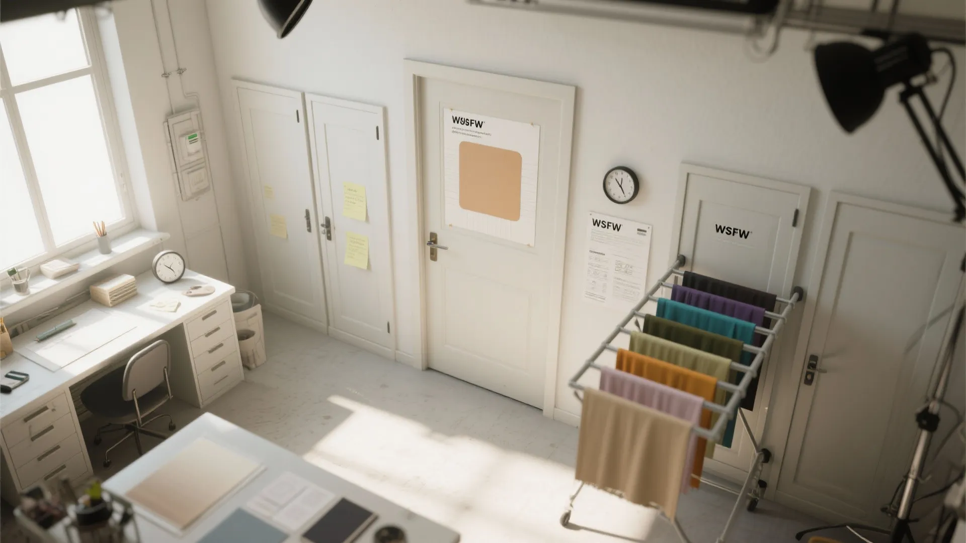 Top-down view of a door test-patch, swatches and drying rack illustrating FAQ topics and testing tips.