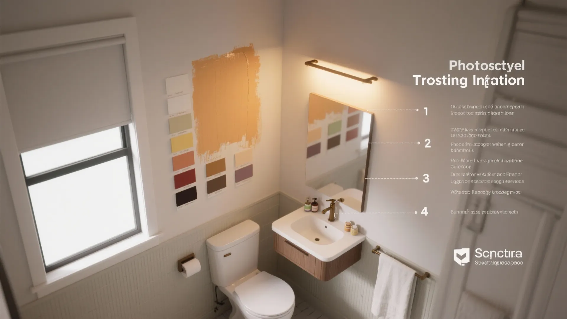 Bathroom interior design showing toilet sink mirror wall light and numbered steps for picking colors