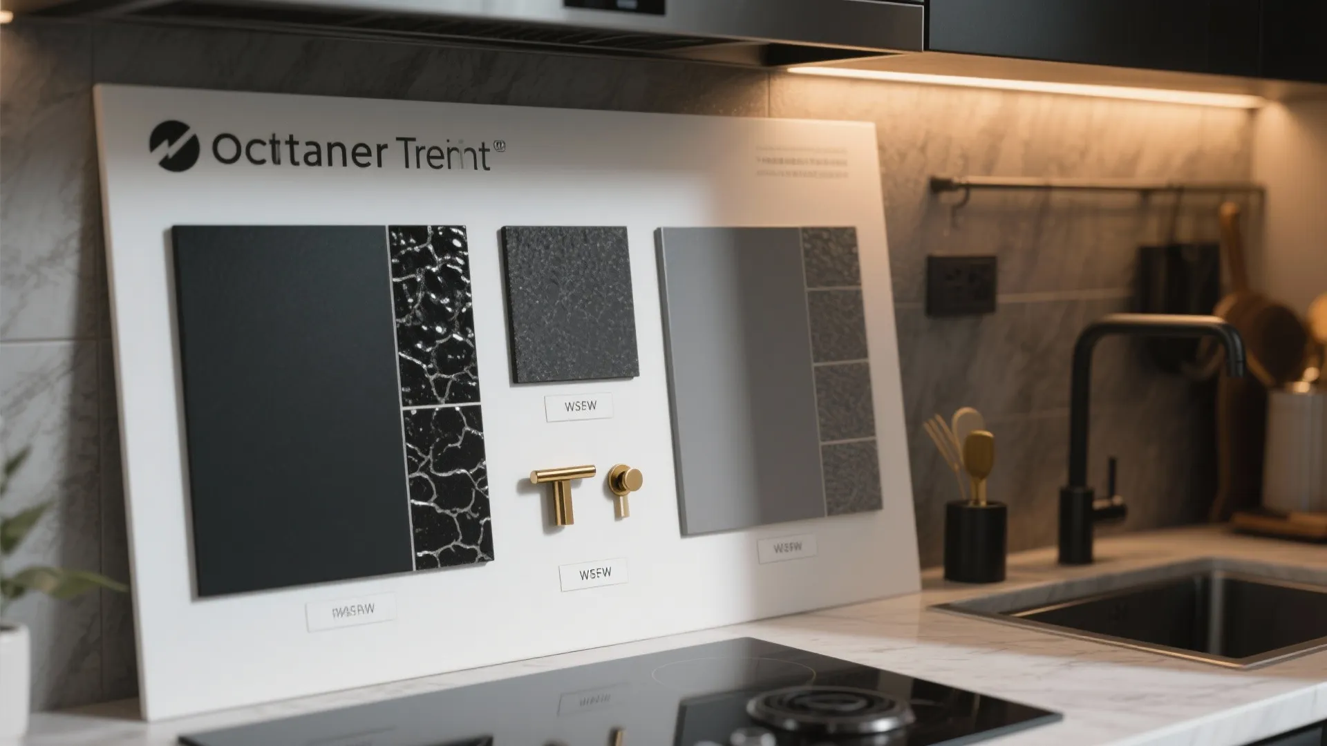 Interior design material board showing black and grey stone samples with gold handles on counter