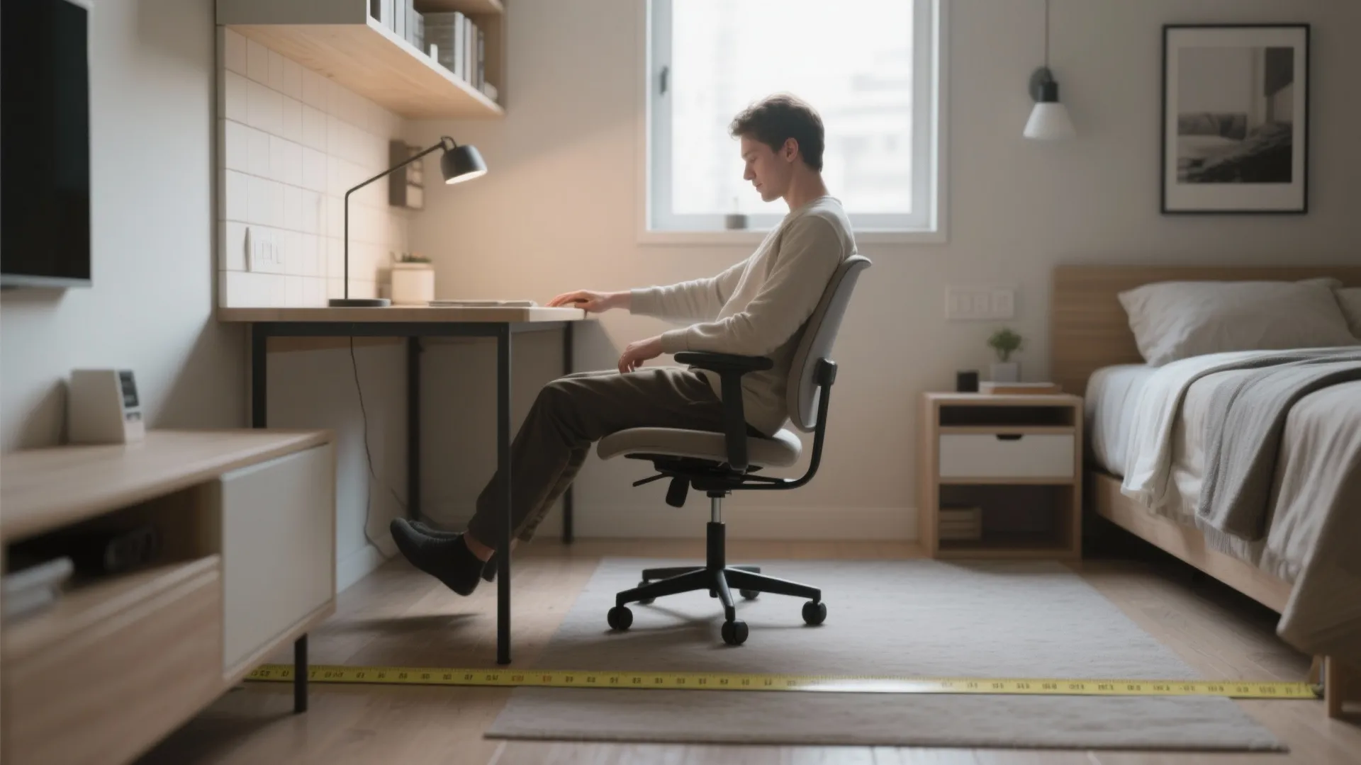 Man sitting at wooden desk in bedroom measuring floor space with yellow tape for layout