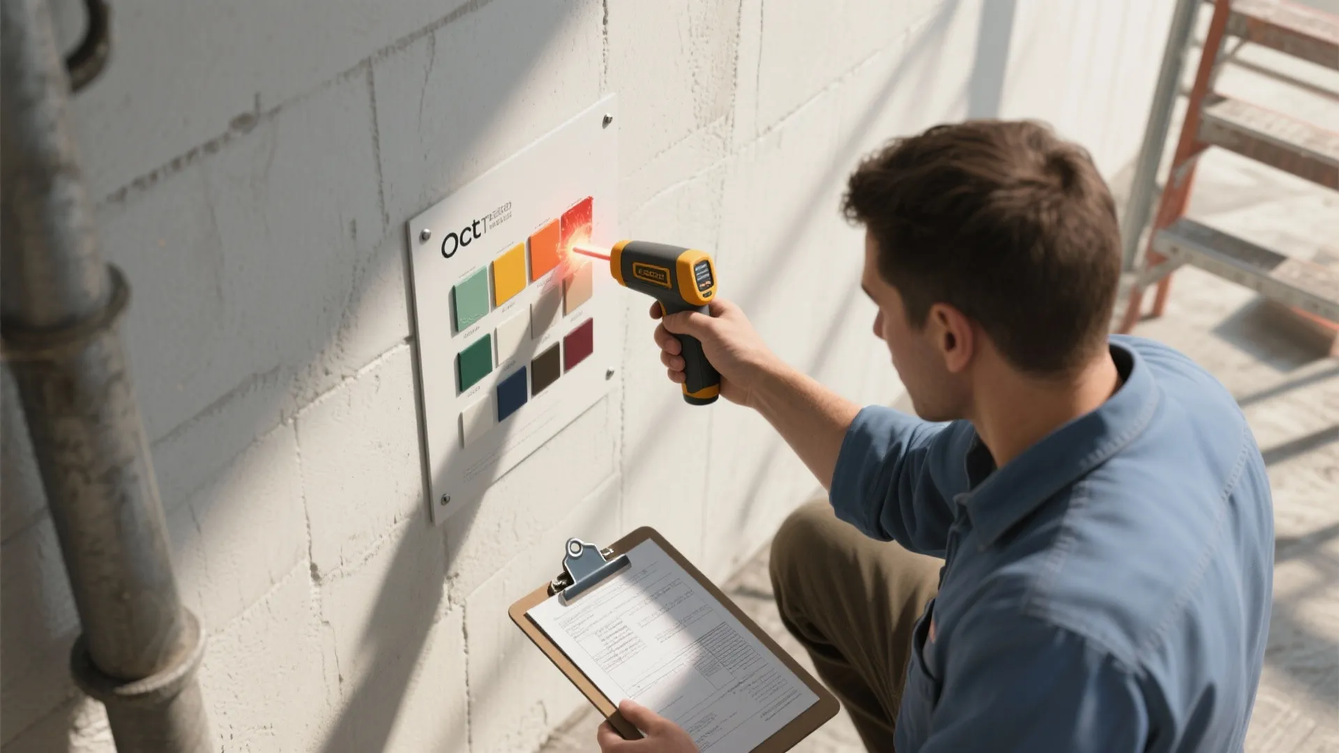 On-site paint sample testing with IR thermometer and test panels illustrating FAQ procedures.