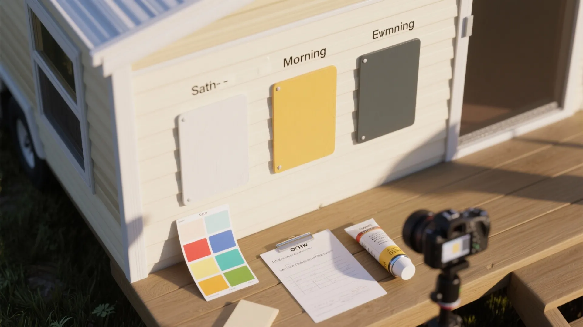 Camera filming exterior wall paint samples on a wooden deck with color palette and notes