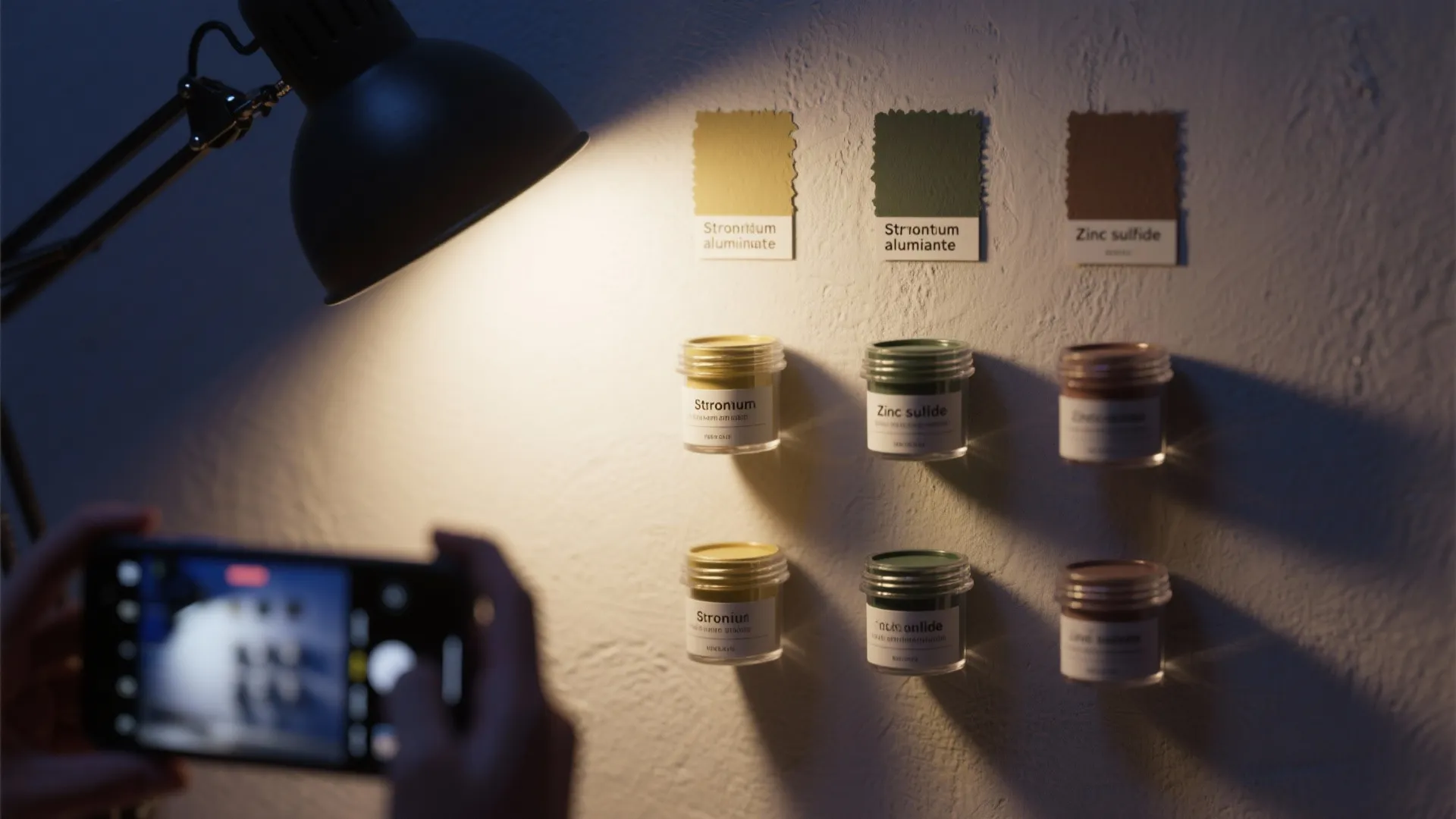 Close up of person using smartphone to photograph paint samples and small jars on wall