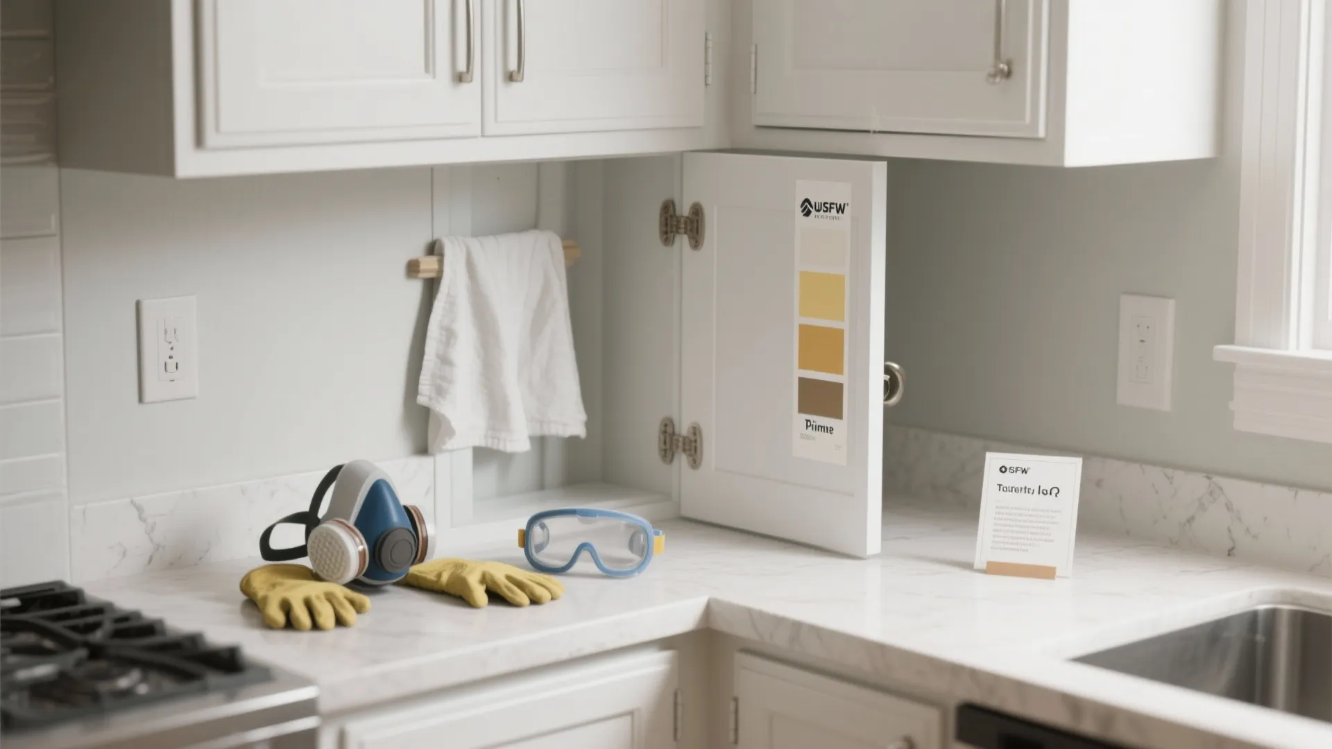 Kitchen counter with safety mask and gloves next to a cabinet door with color samples