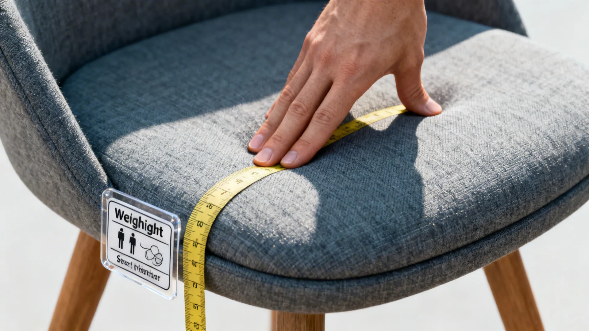 Hand pressing a chair seat with visible weight-rating label and tape measure for seat height testing.