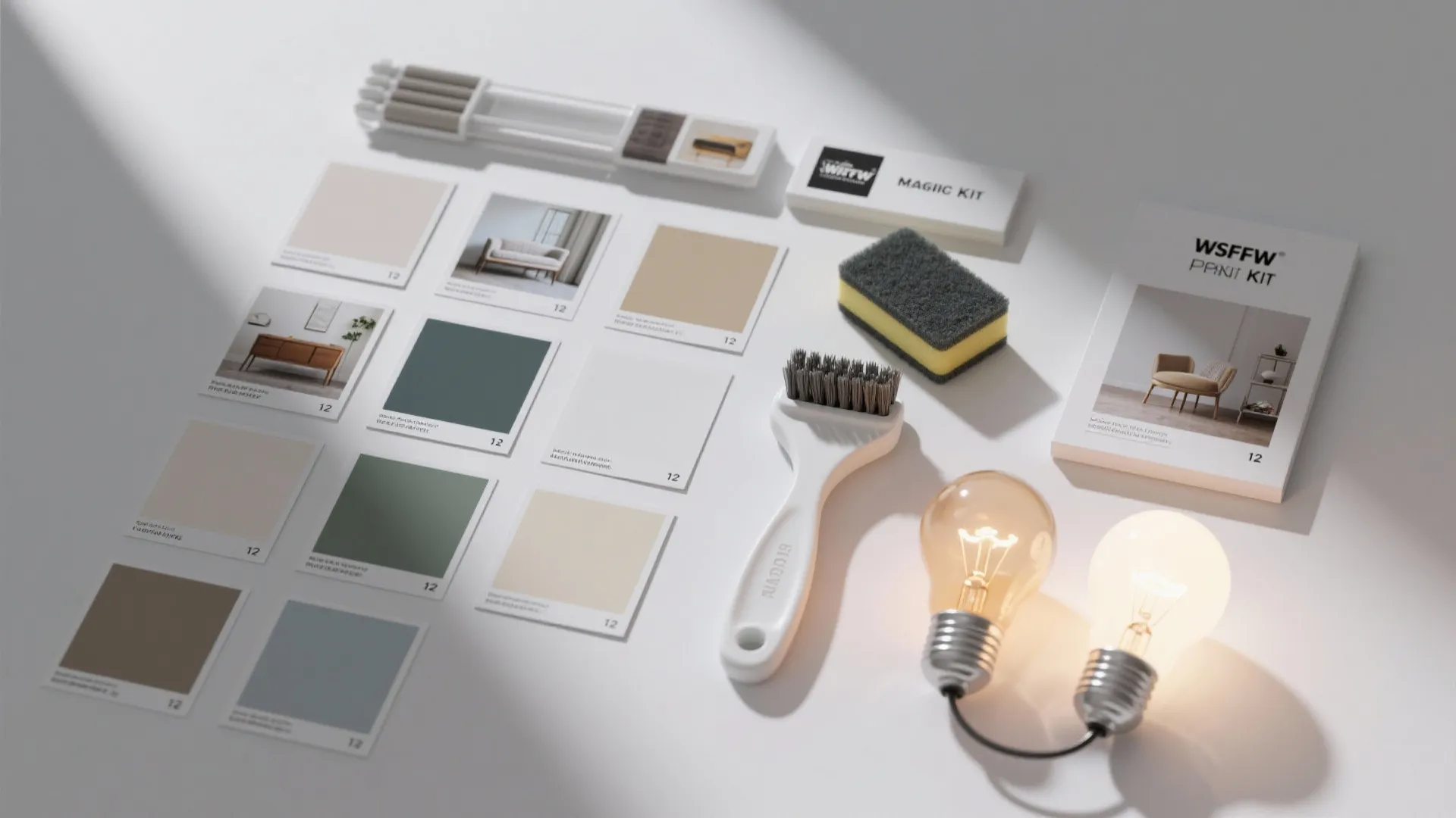 Interior design toolkit with color swatches sponge brush light bulbs and furniture catalogs on white surface