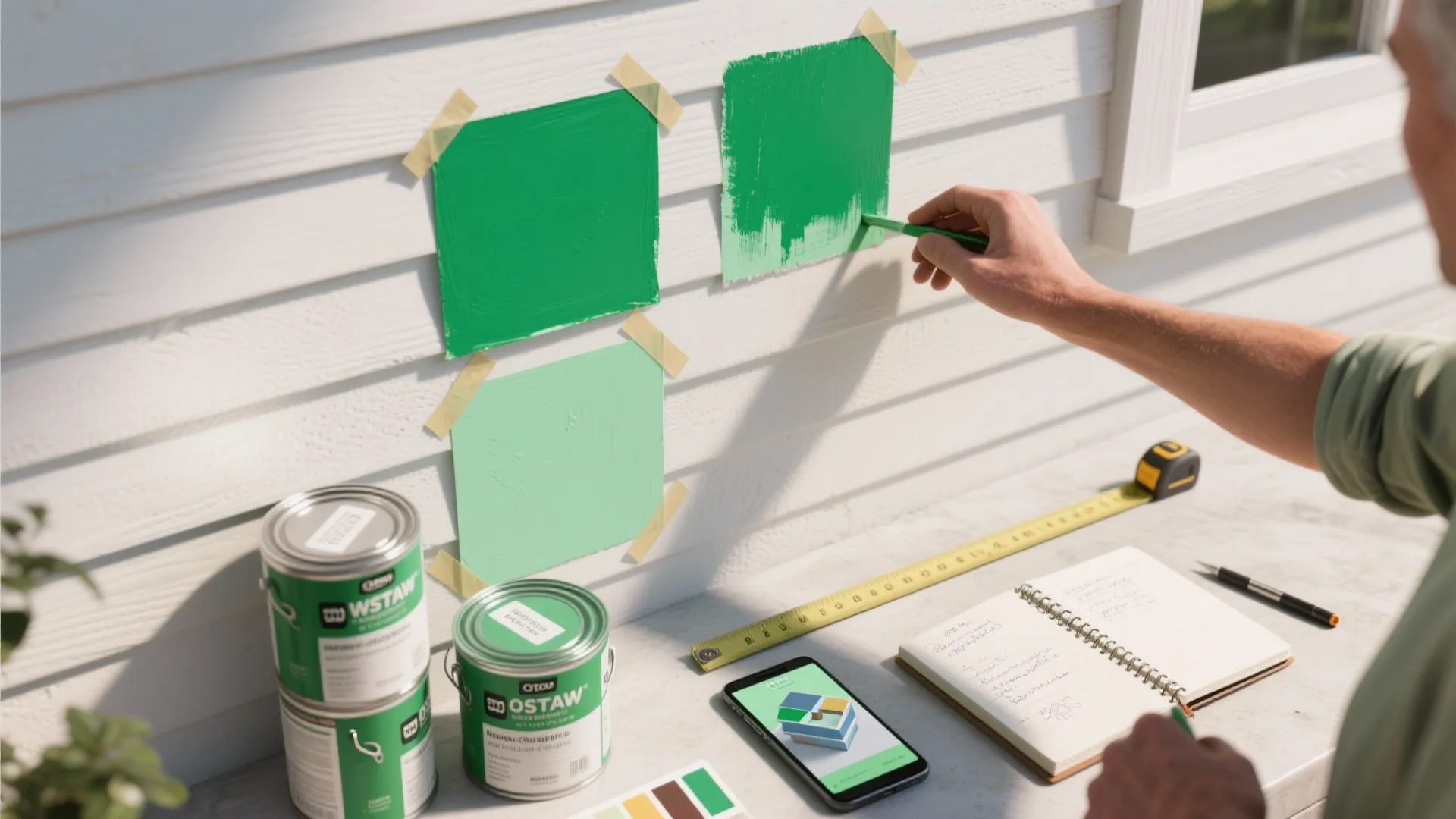 Man testing green paint samples on white wall with paint cans and a measuring tape