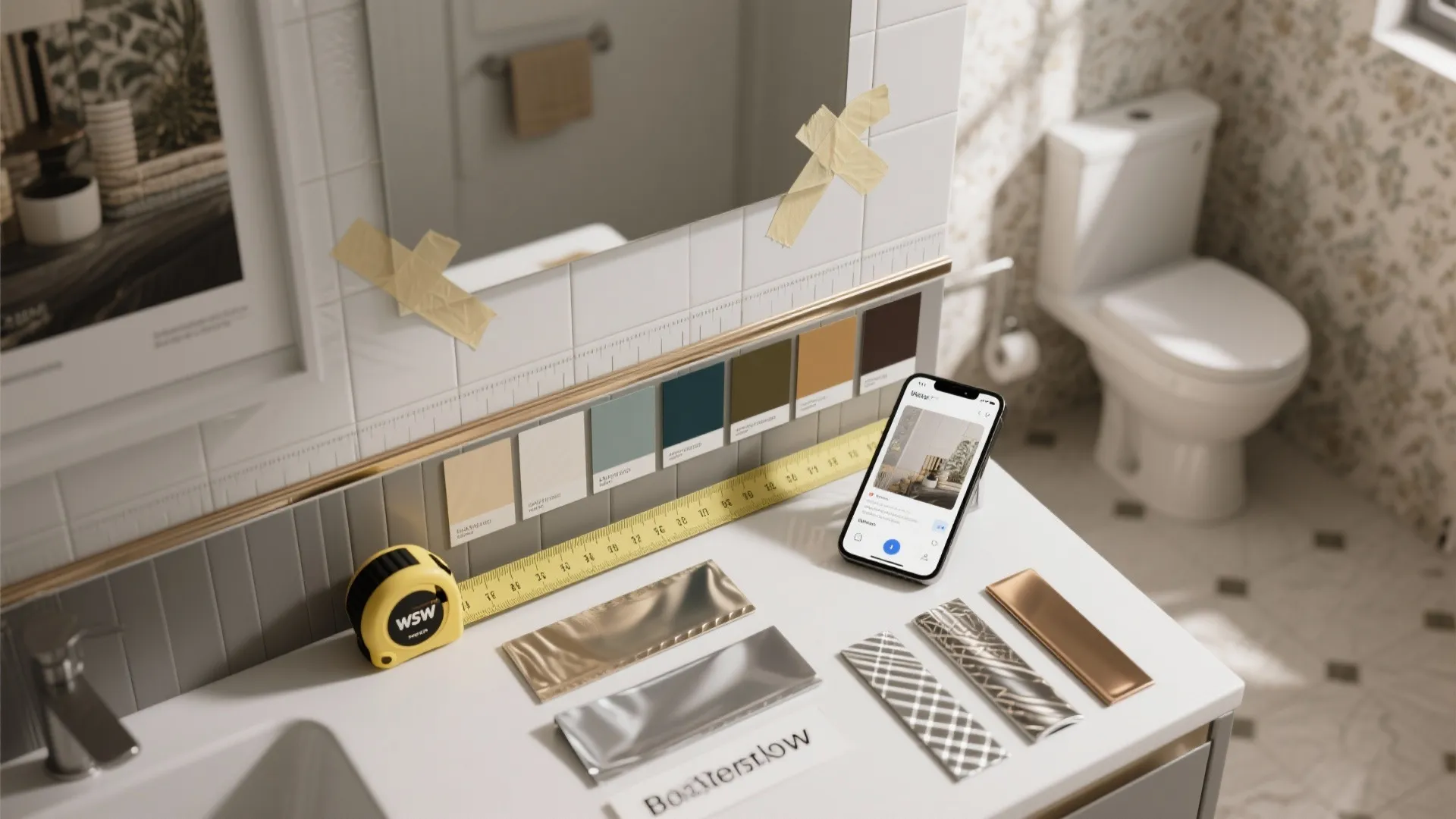 Bathroom counter with measuring tape color swatches metal tile samples and smartphone showing design app